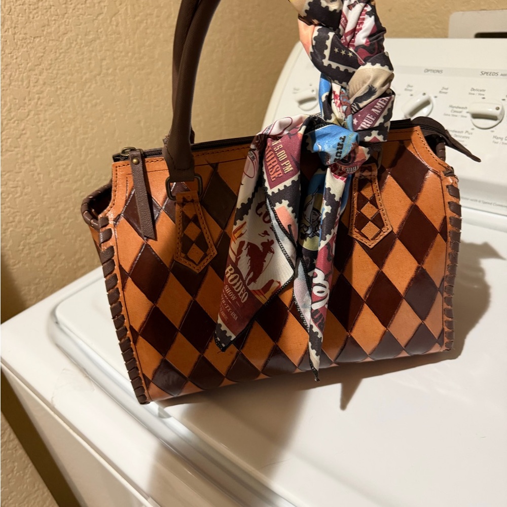 Leather Checkered Satchel Speedy Handbag in Brown and Tan